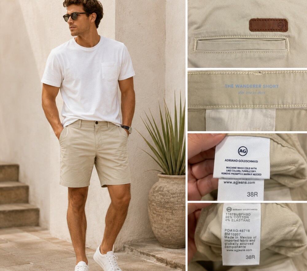 AG Adriano Goldschmied Men's Wanderer Slim Trouser Shorts Size 38R Khaki Chino